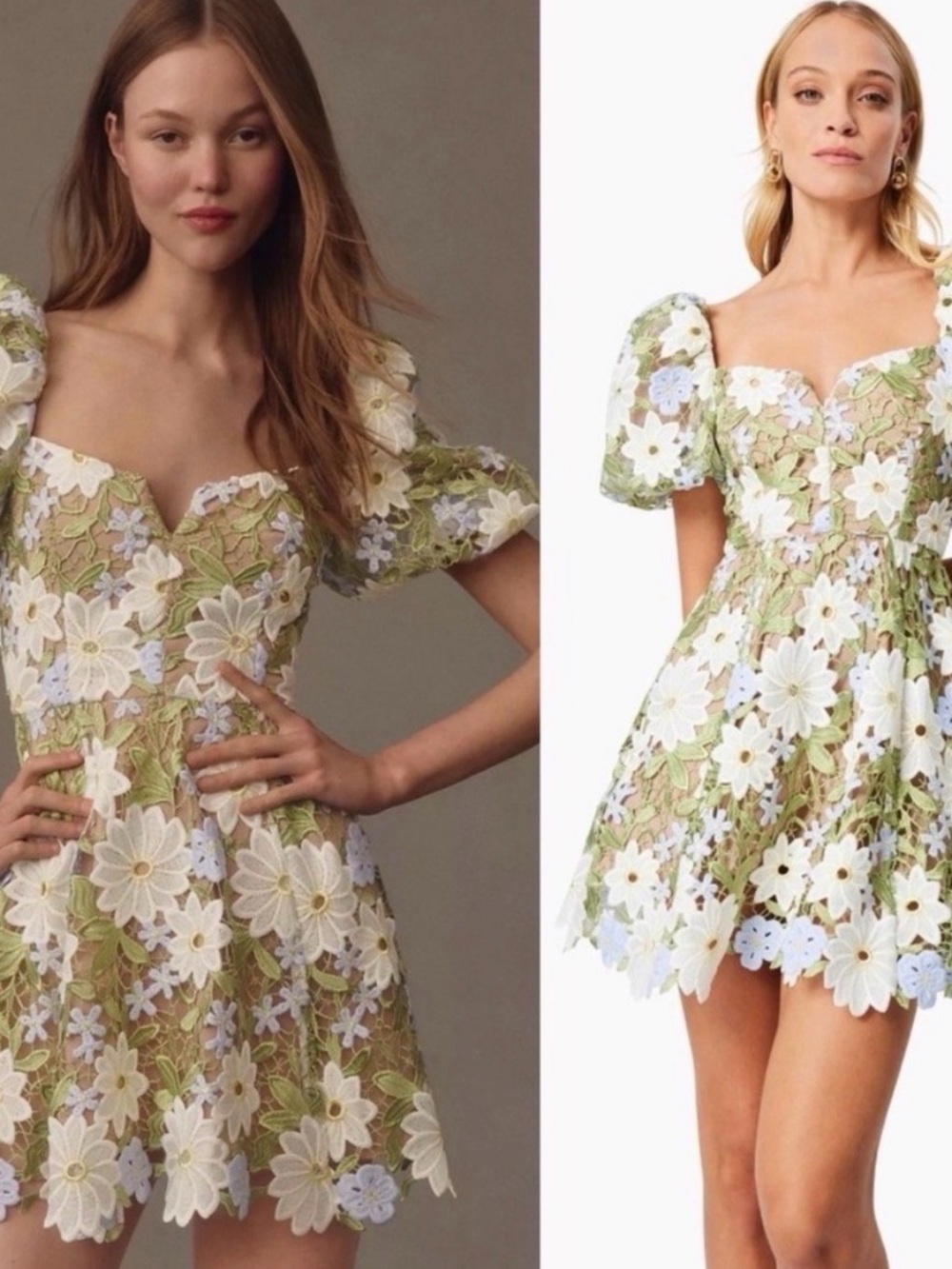 Elliatt Floral Eyelet Puff-Sleeve Mini Dress - White & Green